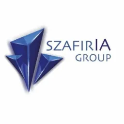 Logo firmy Szafiria Group z trzema niebieskimi, krystalicznymi kształtami przypominającymi szafiry.