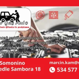 Reklama warsztatu samochodowego: zbliżenie na ręce mechanika z kluczem nad silnikiem, logo firmy Mar Gas Auto, informacje kontaktowe i zakres usług: montaż instalacji gazowych, naprawy mechaniczne,...