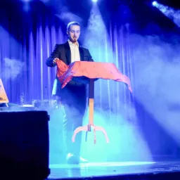 Iluzjonista w trakcie występu na scenie z małym stolikiem i czerwoną chustą, oświetlony niebieskim światłem, w tle zasłona i dym.