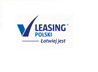 Logo firmy Leasing Polski z niebieskim znakiem akceptacji i hasłem 'Łatwiej jest'