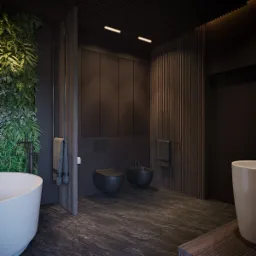 Nowoczesna łazienka w ciemnej tonacji z akcentem zielonej ściany z roślin, minimalistyczna armatura, podłoga z ciemnego kamienia.