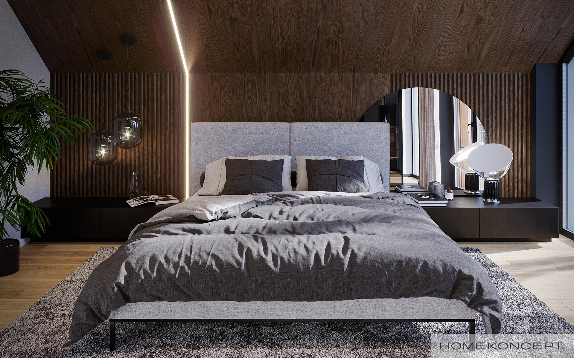 Sypialnia w stylu nowoczesnym z drewnianą boazerią, oświetleniem LED i szarą pościelą, uzupełniona rośliną doniczkową i lampkami nocnymi.