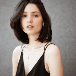 Portret młodej kobiety z krótkimi, ciemnymi włosami, w czarnym topie na ramiączkach i srebrnym naszyjniku, na tle szarej ściany.