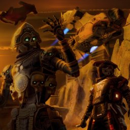 Mateusz Działak - Grafika przedstawiająca dwie postacie z gry wideo w fantastycznym otoczeniu, z latającym pojazdem i zachodzącym słońcem w tle.