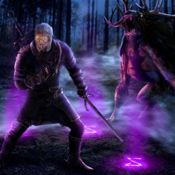 Mateusz Działak - Digitalna ilustracja przedstawia wiedźmina Geralta walczącego z leszym w mrocznym lesie, z fioletowymi znakami na ziemi.