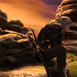 Mateusz Działak - Postać Geralta z Rivii w Łodzi, siedząca na skale z dwoma mieczami opartymi o nią, na tle zachodzącego słońca i kwitnącej lawendy.