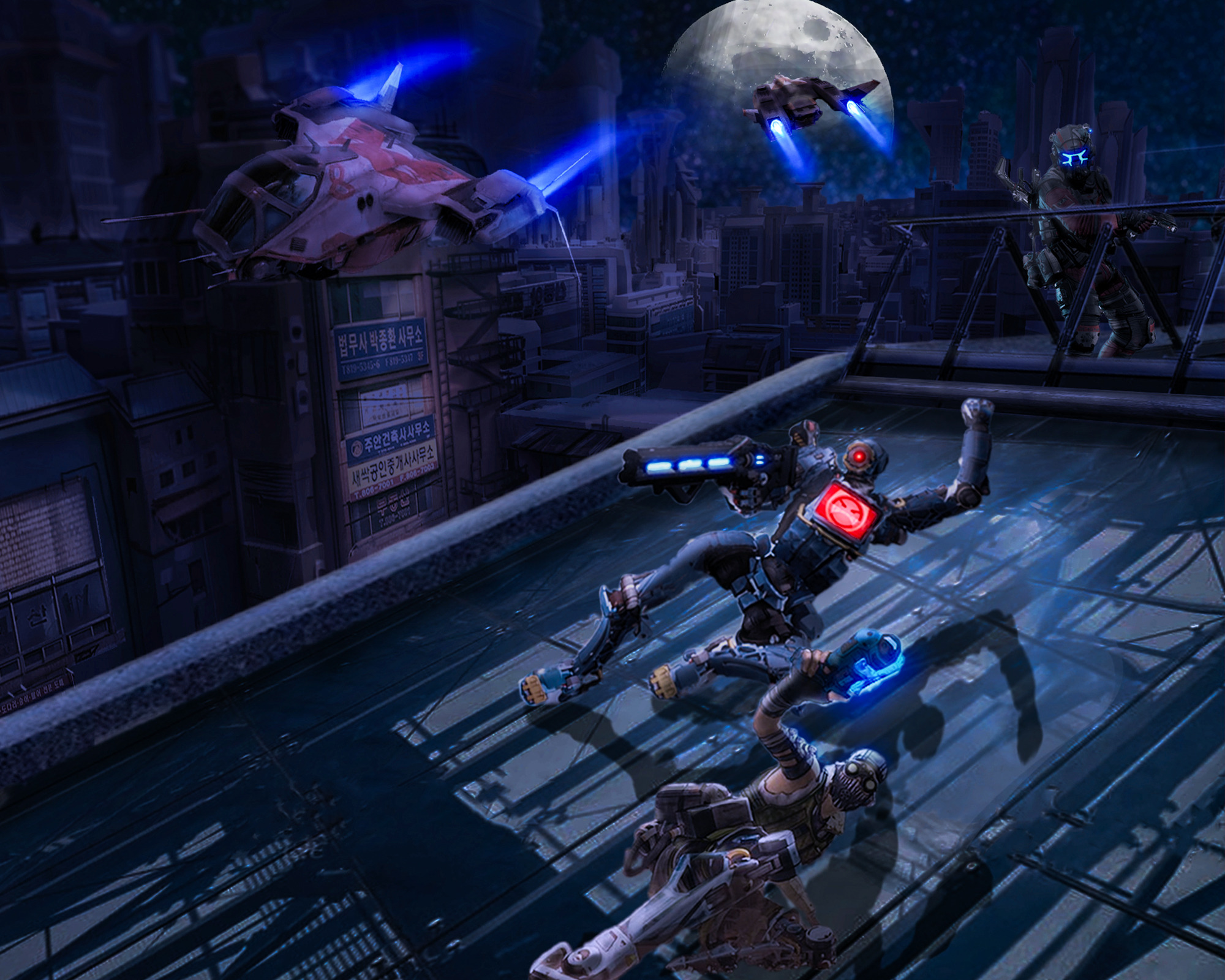 Futurystyczna scena miejska w nocy z robotami i latającymi pojazdami, oświetlona księżycem, z budynkami z koreańskimi napisami w tle.