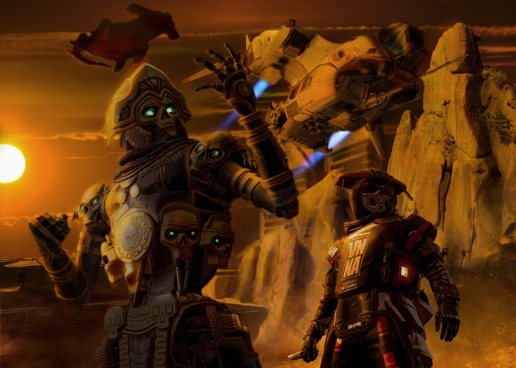 Grafika przedstawiająca dwie postacie z gry wideo w fantastycznym otoczeniu, z latającym pojazdem i zachodzącym słońcem w tle.