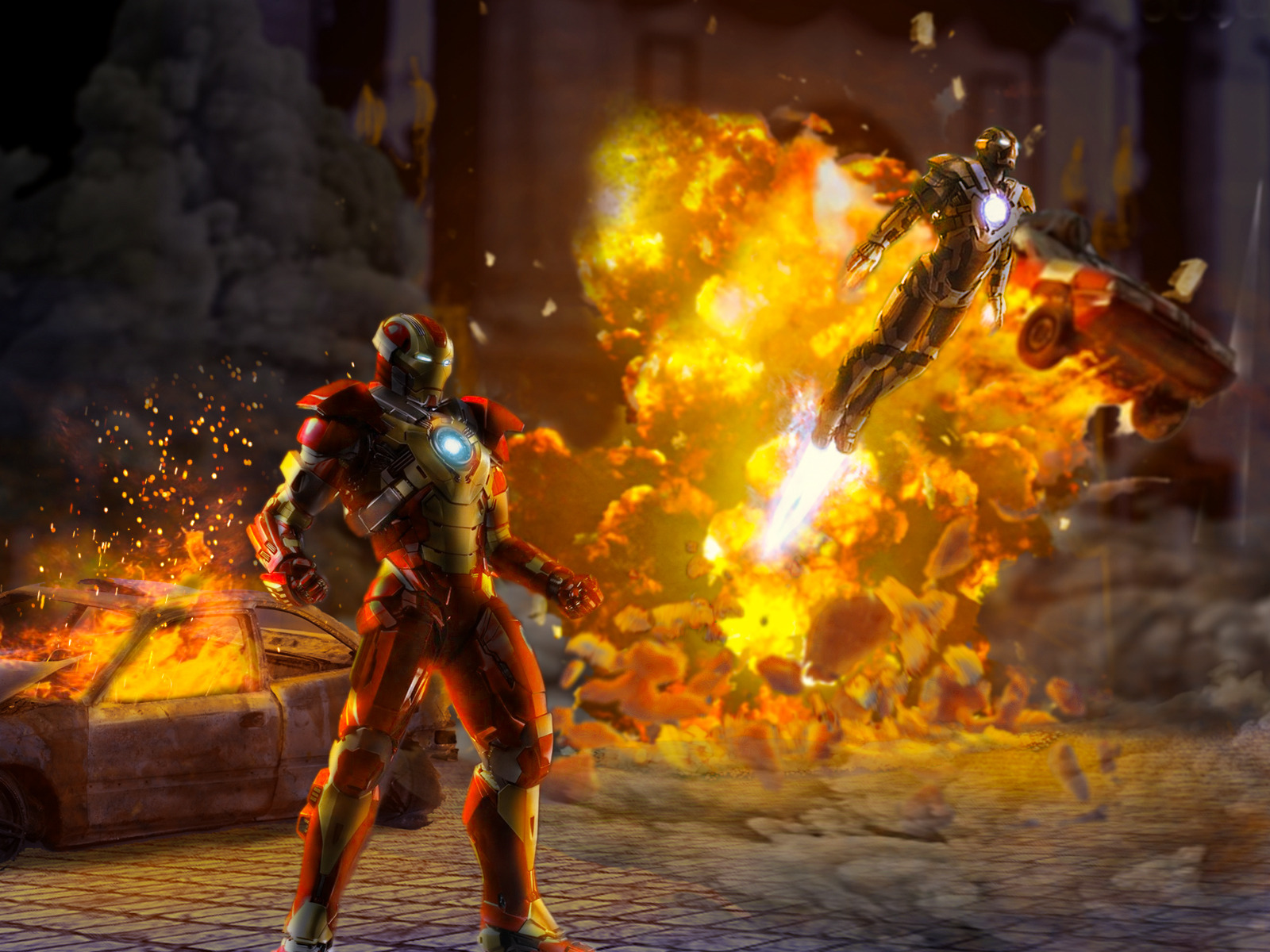 Dynamiczna scena akcji z dwoma postaciami w zbrojach, wybuch w tle, płonący samochód i gruzowisko tworzą wrażenie chaosu i zniszczenia.