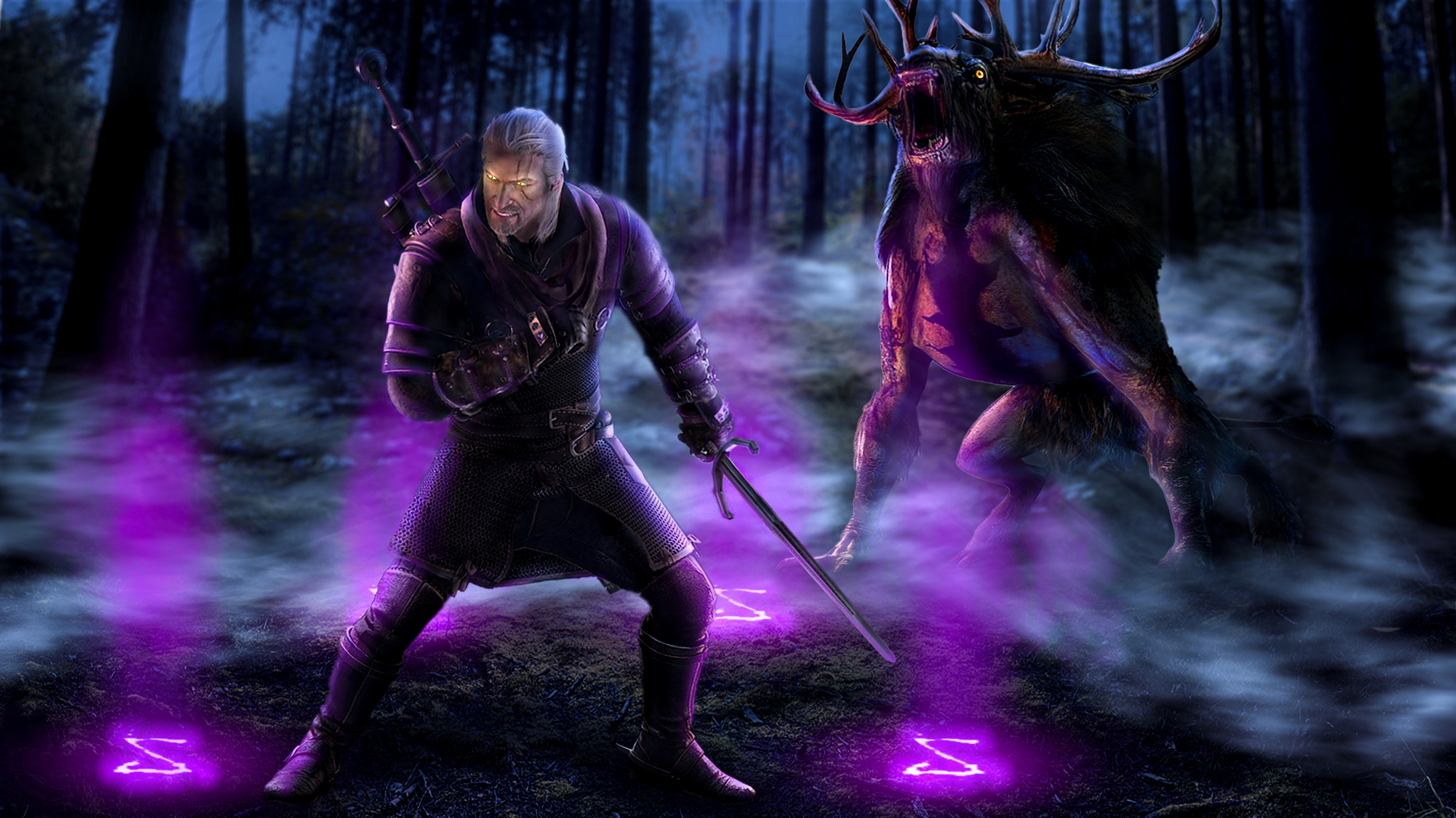 Digitalna ilustracja przedstawia wiedźmina Geralta walczącego z leszym w mrocznym lesie, z fioletowymi znakami na ziemi.