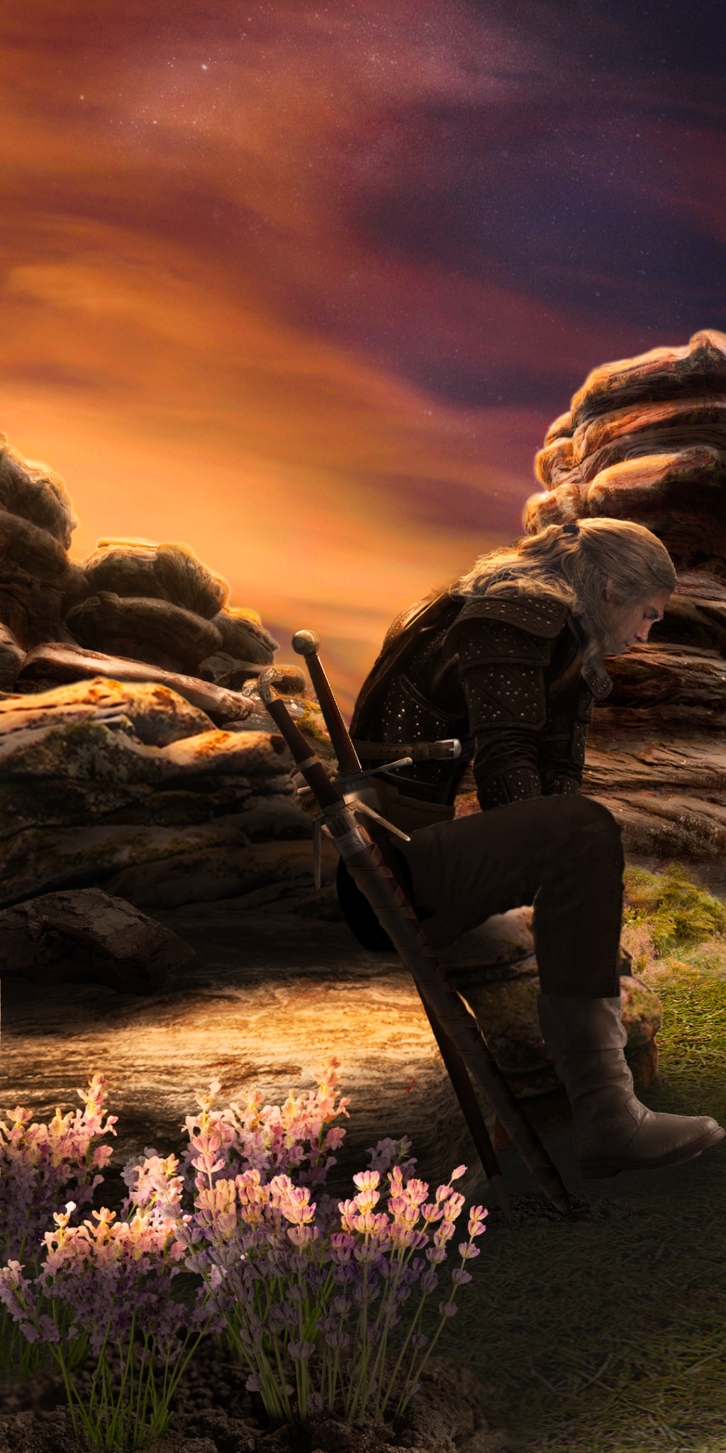 Postać Geralta z Rivii w Łodzi, siedząca na skale z dwoma mieczami opartymi o nią, na tle zachodzącego słońca i kwitnącej lawendy.