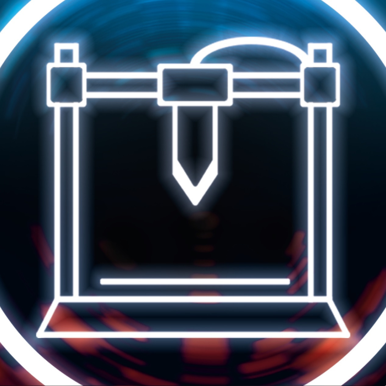 Neonowy schemat 3D drukarki na abstrakcyjnym, ciemnym tle z niebiesko-pomarańczowymi smugami.