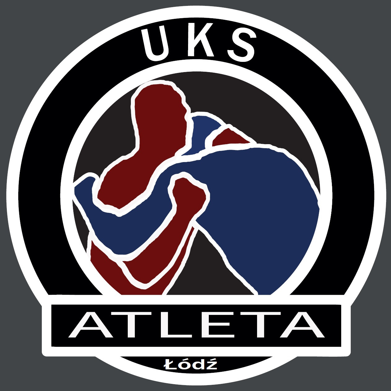 Graficzne logo klubu sportowego UKS ATLETA Łódź przedstawiające dwóch zapaśników w dynamicznej pozie, umieszczone w okręgu na szarym tle.