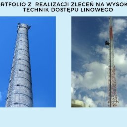 Alpin Serwis Jadwiga Zielińska - Dwa ujęcia: komin przemysłowy z szarobrązowej cegły z drabiną zewnętrzną oraz maszt telekomunikacyjny, na obu pracownicy na wysokościach zabezpieczeni linami.