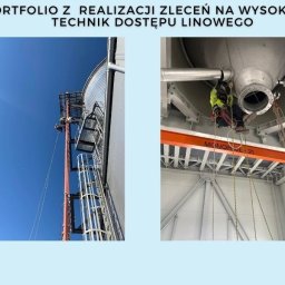 Alpin Serwis Jadwiga Zielińska - Pracownicy na wysokościach wykonują prace z użyciem technik dostępu linowego przy konstrukcji przemysłowej i zbiorniku.