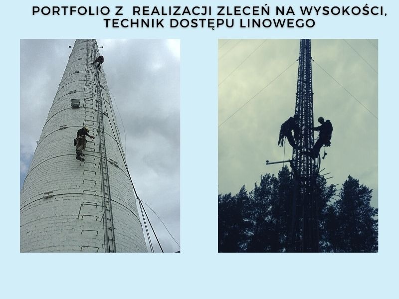 Portfolio: Dwóch pracowników na wysokościach, używających technik dostępu linowego, pracujących na kominie i wieży telekomunikacyjnej.