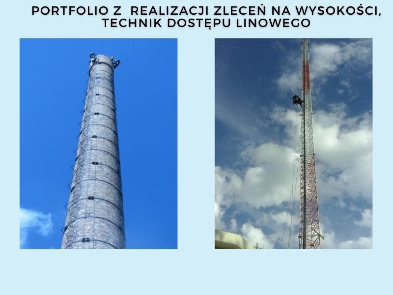 Dwa ujęcia: komin przemysłowy z szarobrązowej cegły z drabiną zewnętrzną oraz maszt telekomunikacyjny, na obu pracownicy na wysokościach zabezpieczeni linami.