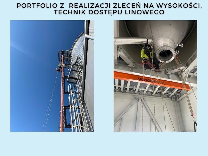 Pracownicy na wysokościach wykonują prace z użyciem technik dostępu linowego przy konstrukcji przemysłowej i zbiorniku.