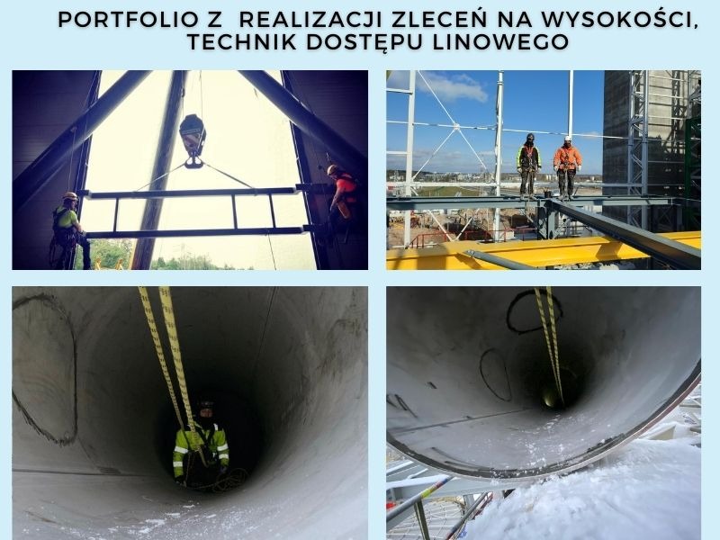 Kolaż zdjęć z realizacji zleceń na wysokości z wykorzystaniem technik dostępu linowego, prezentujący prace przy konstrukcji stalowej oraz wewnątrz rury, z widocznymi pracownikami w uprzężach...