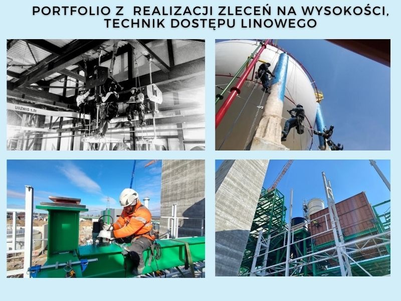 Kompozycja czterech zdjęć przedstawiających prace na wysokości z wykorzystaniem technik dostępu linowego: montaż konstrukcji stalowej, inspekcja zbiornika, prace monterskie na konstrukcji.