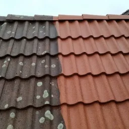 Częściowo oczyszczony dach z brązowej dachówki, widoczna różnica między powierzchnią pokrytą mchem i czystą dachówką.