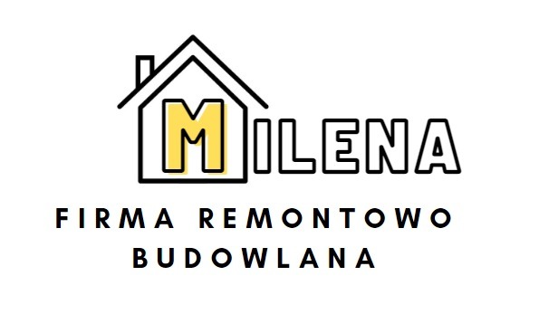 Logo firmy remontowo-budowlanej 'Milena' z motywem domu i literą M w kolorze żółtym.