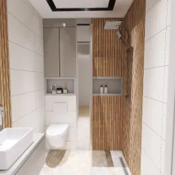 Wizualizacja nowoczesnej łazienki z drewnianymi panelami, białą ceramiką i minimalistyczną armaturą, akcentowaną czarną ramą sufitową i niszami z kosmetykami.