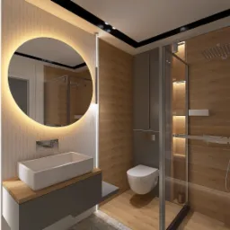 Wizualizacja nowoczesnej łazienki z okrągłym lustrem podświetlanym LED, prostokątną umywalką nablatową, kabiną prysznicową walk-in z deszczownicą i drewnopodobnymi płytkami na ścianach.