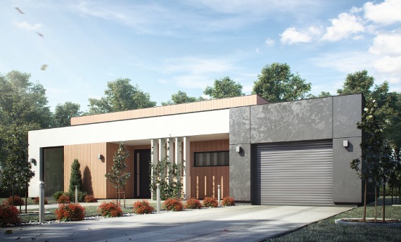Nowoczesny dom jednorodzinny z szarą bramą garażową segmentową, jasną elewacją z drewnianymi akcentami i zadbanym otoczeniem. Minimalistyczny design.