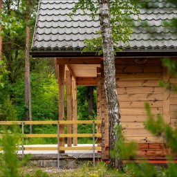 Łukasz Drężewski - Drewniany domek z szarą dachówką, żółtą barierką i brzozą na pierwszym planie. Widoczne detale drewnianej elewacji i zieleń w tle.