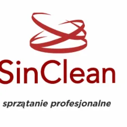 Logo firmy SinClean z czerwonym symbolem przypominającym wstęgę nad nazwą i dopiskiem 'sprzątanie profesjonalne' poniżej, wszystko na białym tle.