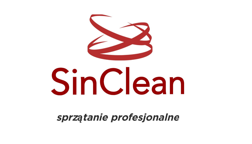 Logo firmy SinClean z czerwonym symbolem przypominającym wstęgę nad nazwą i dopiskiem 'sprzątanie profesjonalne' poniżej, wszystko na białym tle.