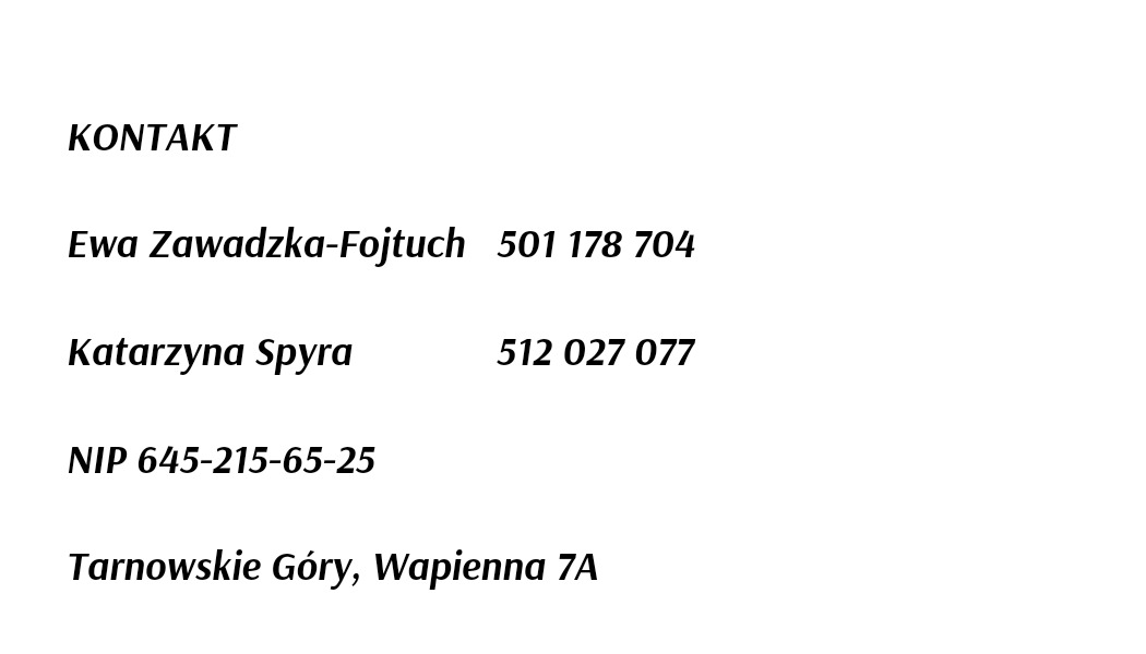 Dane kontaktowe firmy: imiona i nazwiska, numery telefonów, NIP oraz adres w Tarnowskich Górach.
