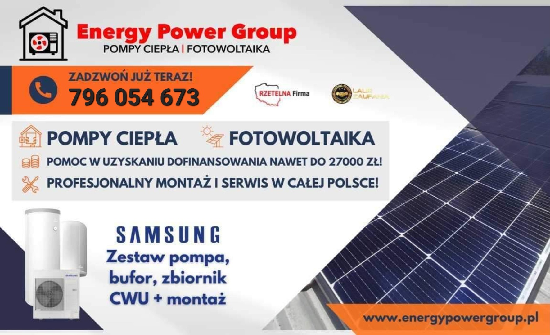 Grafika reklamowa firmy Energy Power Group prezentująca zestaw pompy ciepła Samsung oraz panele fotowoltaiczne, z informacją o dofinansowaniu i profesjonalnym montażu w całej Polsce oraz numerem...