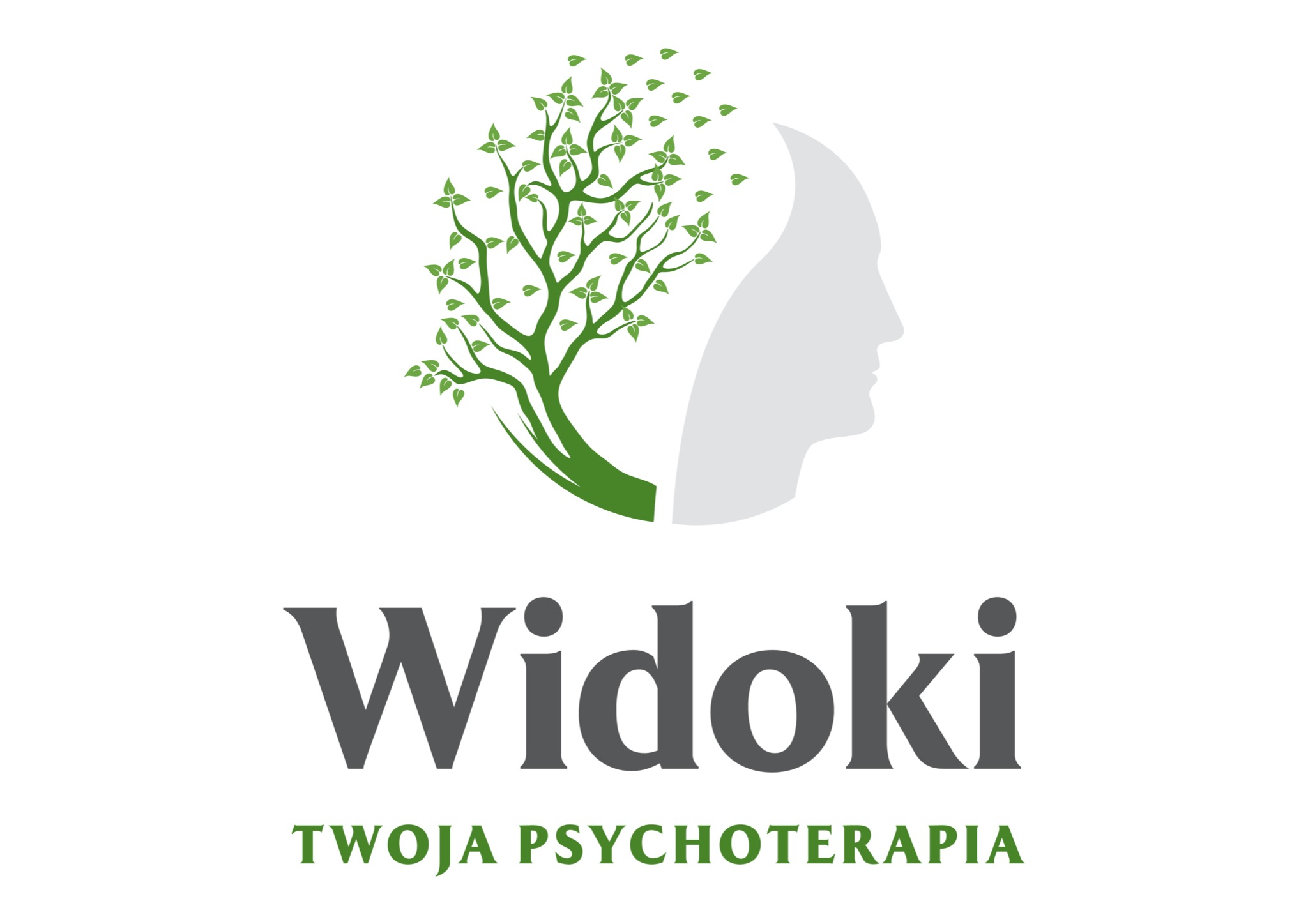 Logo firmy Widoki: drzewo z liśćmi przechodzące w profil ludzkiej głowy, pod spodem napis Widoki Twoja Psychoterapia.