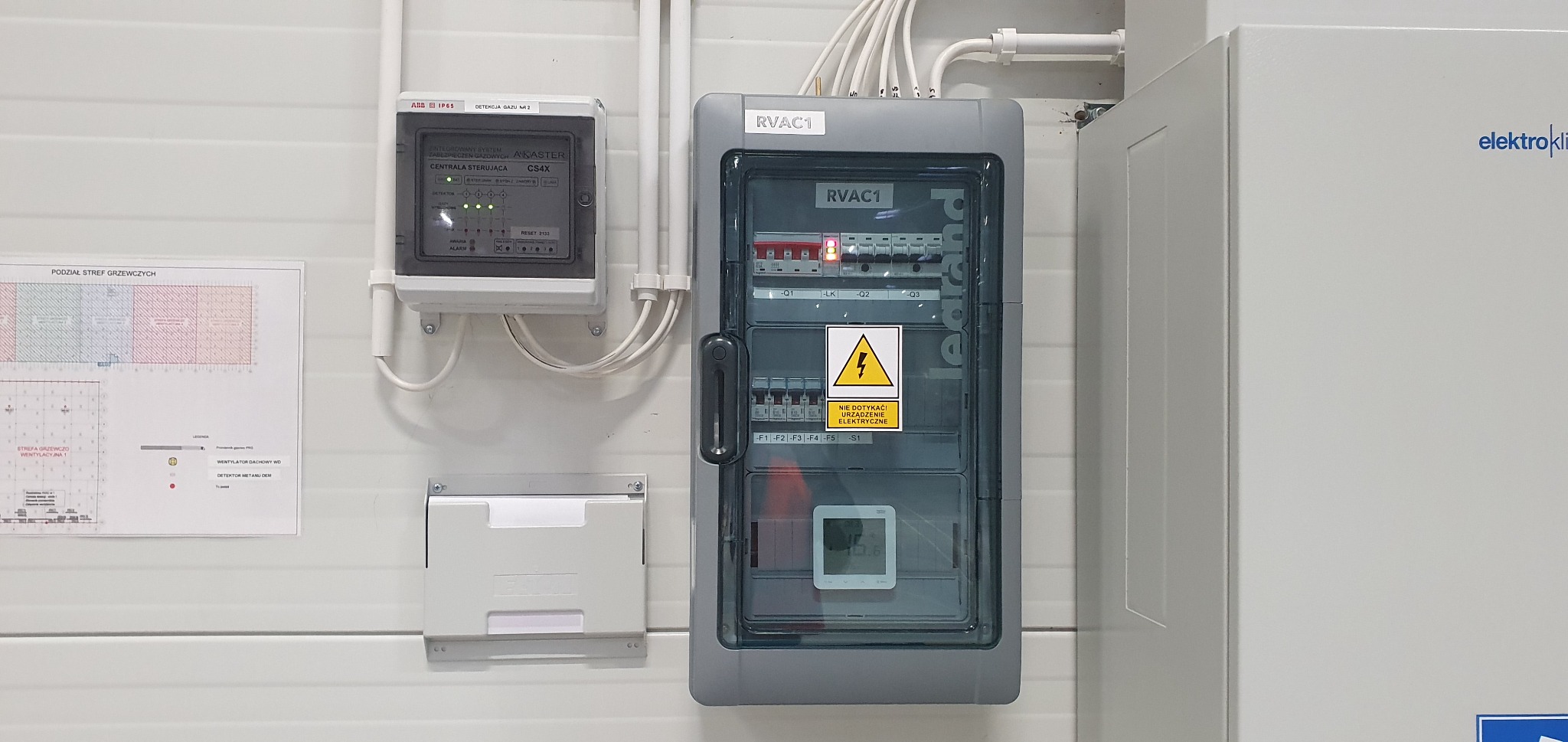 Szara skrzynka elektryczna RVAC1 z widocznymi bezpiecznikami i ostrzeżeniem o wysokim napięciu, obok centrala sterująca systemem zabezpieczeń gazowych AKASTER CS4X i schemat podziału stref grzewczych.