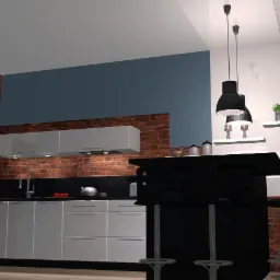 Wizualizacja nowoczesnej kuchni z białymi szafkami, czarnym blatem i ceglaną ścianą, oświetlonej trzema wiszącymi lampami.