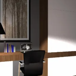 Wizualizacja biurka z blatem drewnianym w Radomsku, zintegrowanego z szafą na wymiar, na którym stoi lampka z czarnym abażurem, książki i laptop z grafiką.