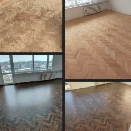 Cztery etapy renowacji parkietu ułożonego w jodełkę: stan przed renowacją, po wyszlifowaniu, po lakierowaniu na wysoki połysk oraz widok na gotową podłogę z oknem w tle.