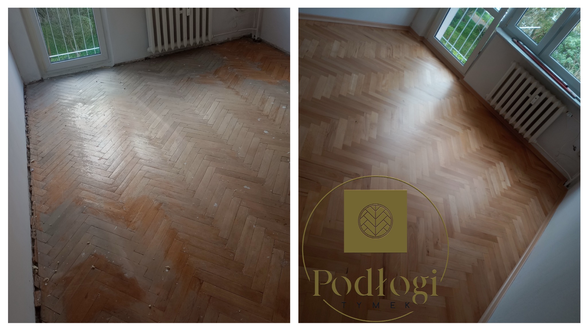 Parkiet ułożony w jodełkę, widok z góry. Po lewej stronie parkiet przed renowacją, po prawej odnowiony, z logo firmy Podłogi Tymek. Widoczne okno i grzejnik.