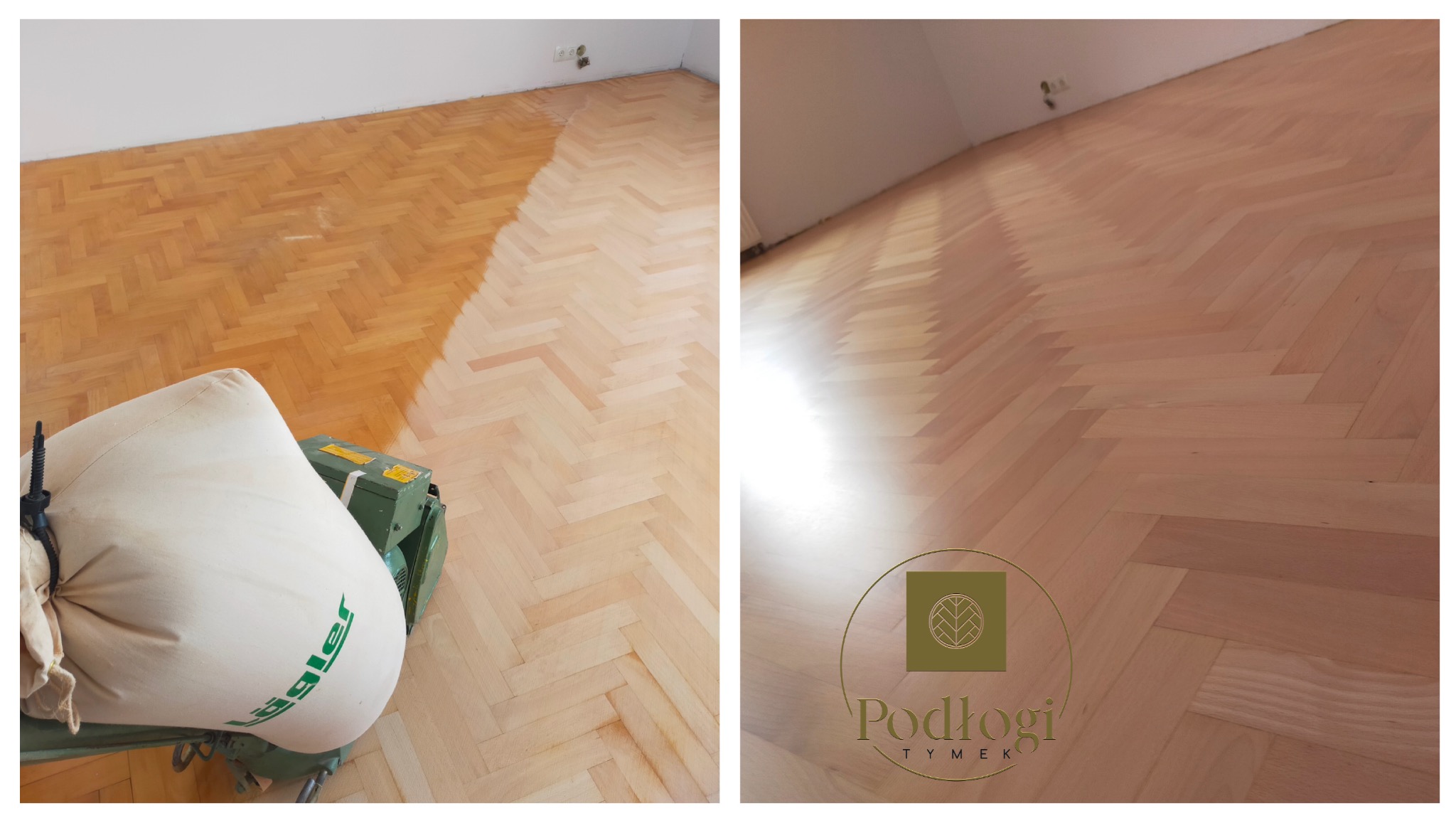 Parkiet w jodełkę po cyklinowaniu, widoczna różnica przed i po. Na pierwszym planie maszyna do cyklinowania marki Jägler. Widoczne gniazdko elektryczne na ścianie.