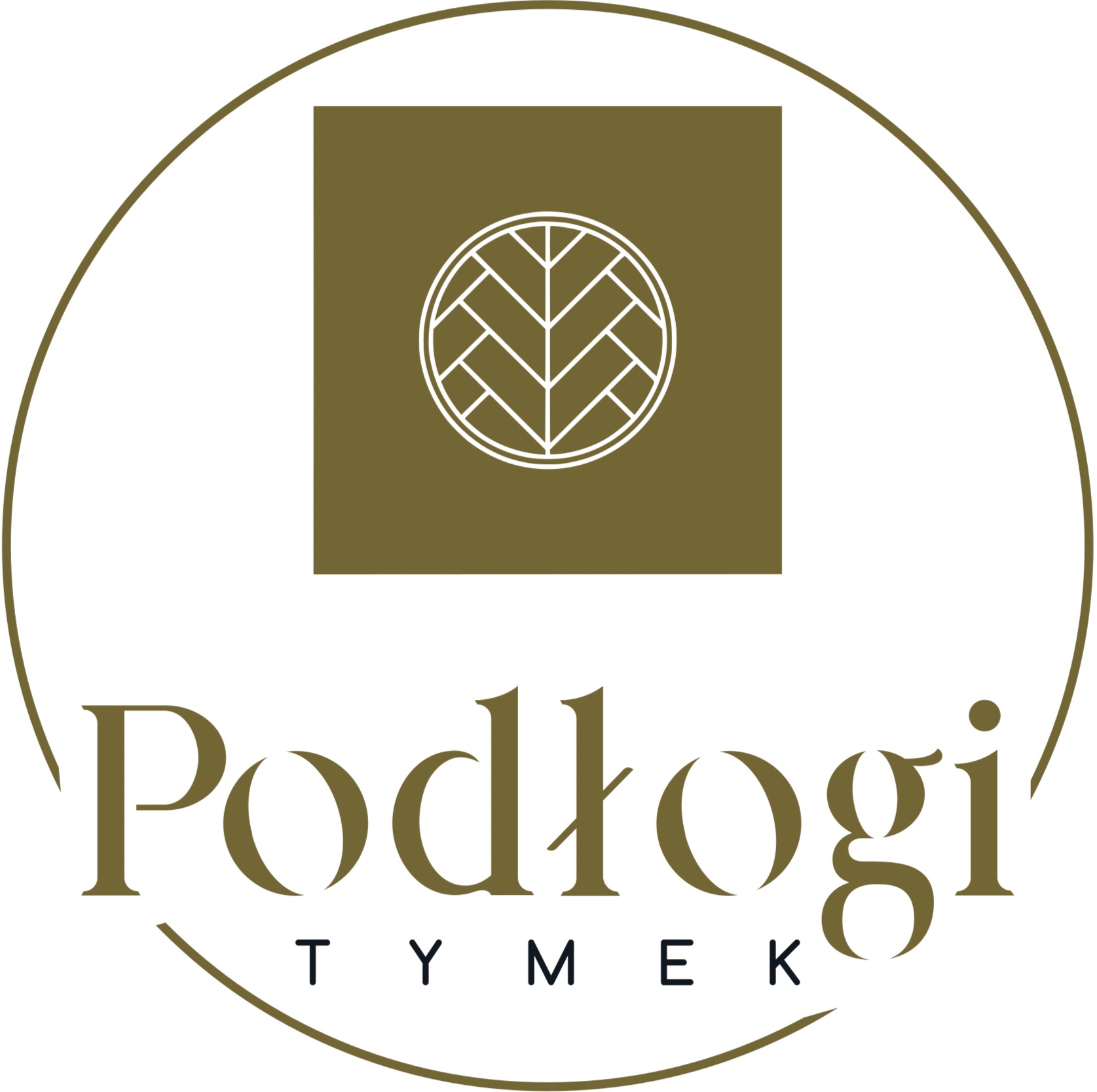 Eleganckie logo firmy 'Podłogi Tymek' w odcieniach złota i bieli. W centrum grafika przedstawiająca wzór parkietu w okręgu, otoczona nazwą firmy.