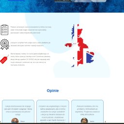 Paulina Młynarska - Strona internetowa z ofertą nauki języka angielskiego w Warszawie, prezentująca mapę Wielkiej Brytanii w barwach flagi, listę korzyści i opinie klientów.