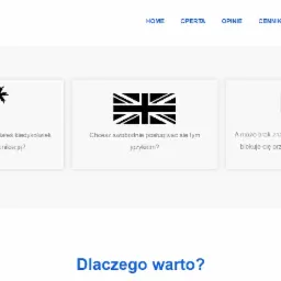 Fragment strony internetowej z trzema ikonami: palmami symbolizującymi podróże, flagą Wielkiej Brytanii i ikoną pieniędzy, ilustrującymi korzyści z nauki języka angielskiego.