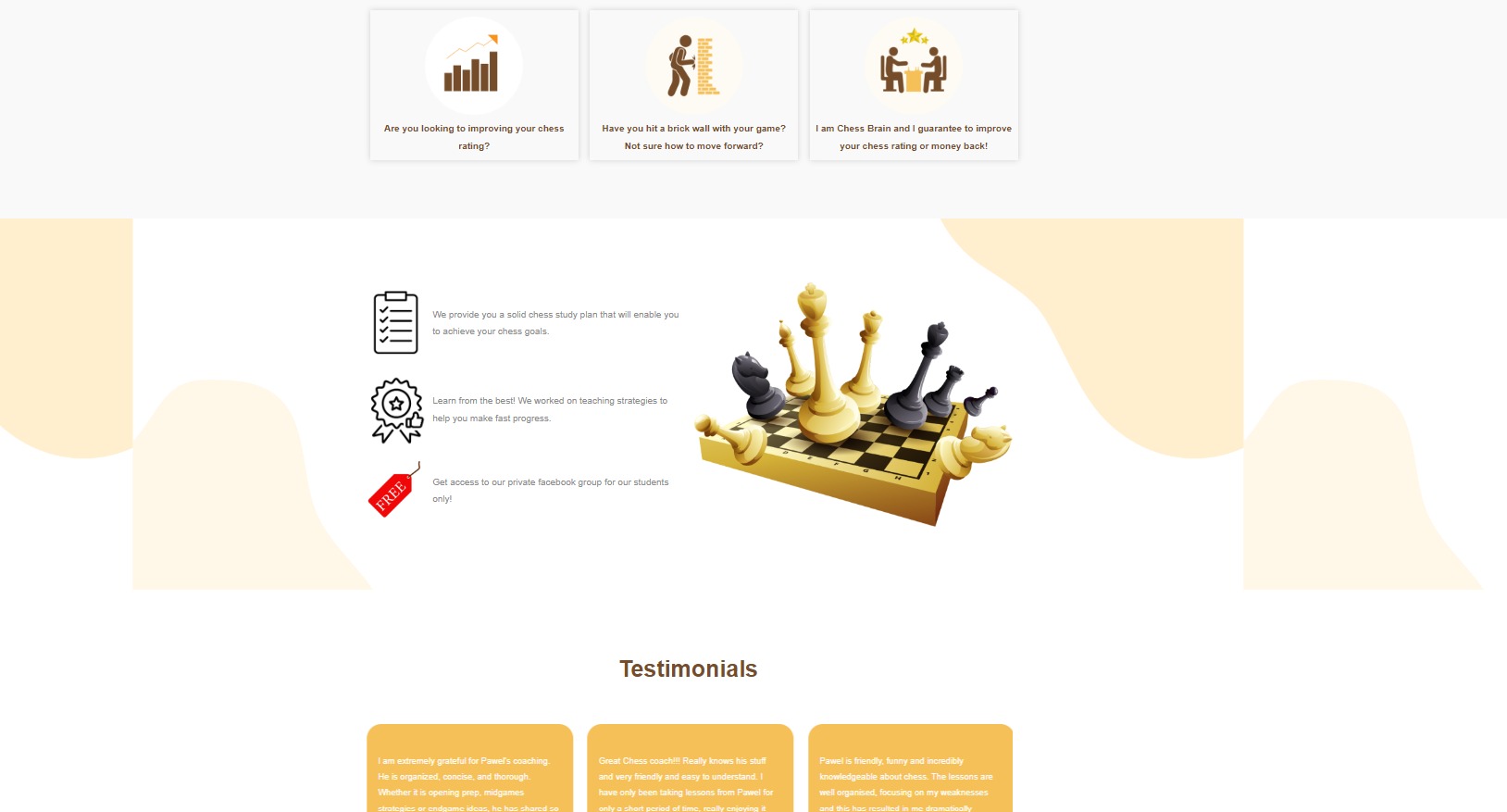 Ilustracja strony internetowej z ofertą nauki gry w szachy, z elementami graficznymi, tekstem i szachownicą z figurami w centrum.