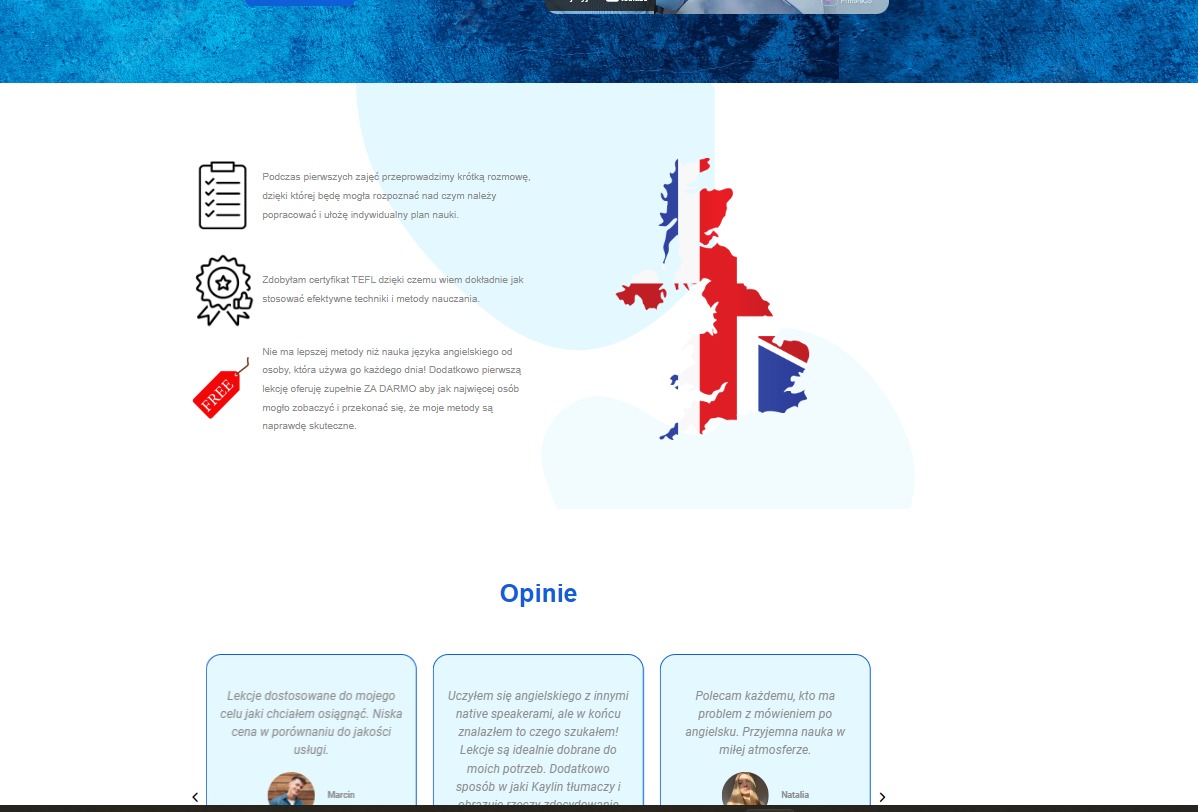 Strona internetowa z ofertą nauki języka angielskiego w Warszawie, prezentująca mapę Wielkiej Brytanii w barwach flagi, listę korzyści i opinie klientów.