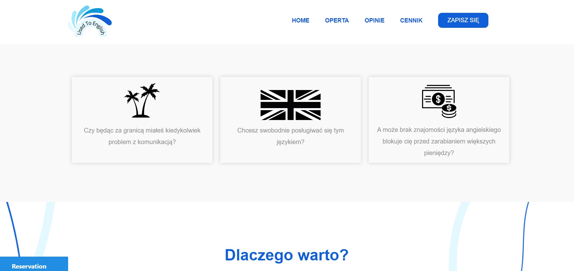 Fragment strony internetowej z trzema ikonami: palmami symbolizującymi podróże, flagą Wielkiej Brytanii i ikoną pieniędzy, ilustrującymi korzyści z nauki języka angielskiego.