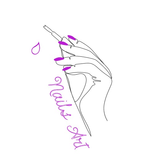 Minimalistyczny rysunek konturowy dłoni malującej paznokcie na fioletowo, z napisem 'Nails Art' w kolorze fioletowym.