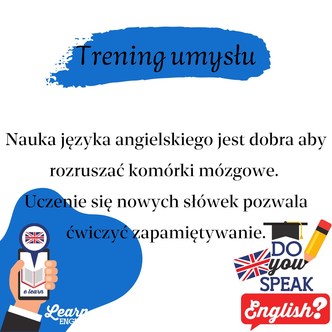 Ilustracja promująca naukę języka angielskiego, z tekstem o korzyściach dla mózgu, smartfonem z aplikacją edukacyjną i hasłem 'Do you speak English?'