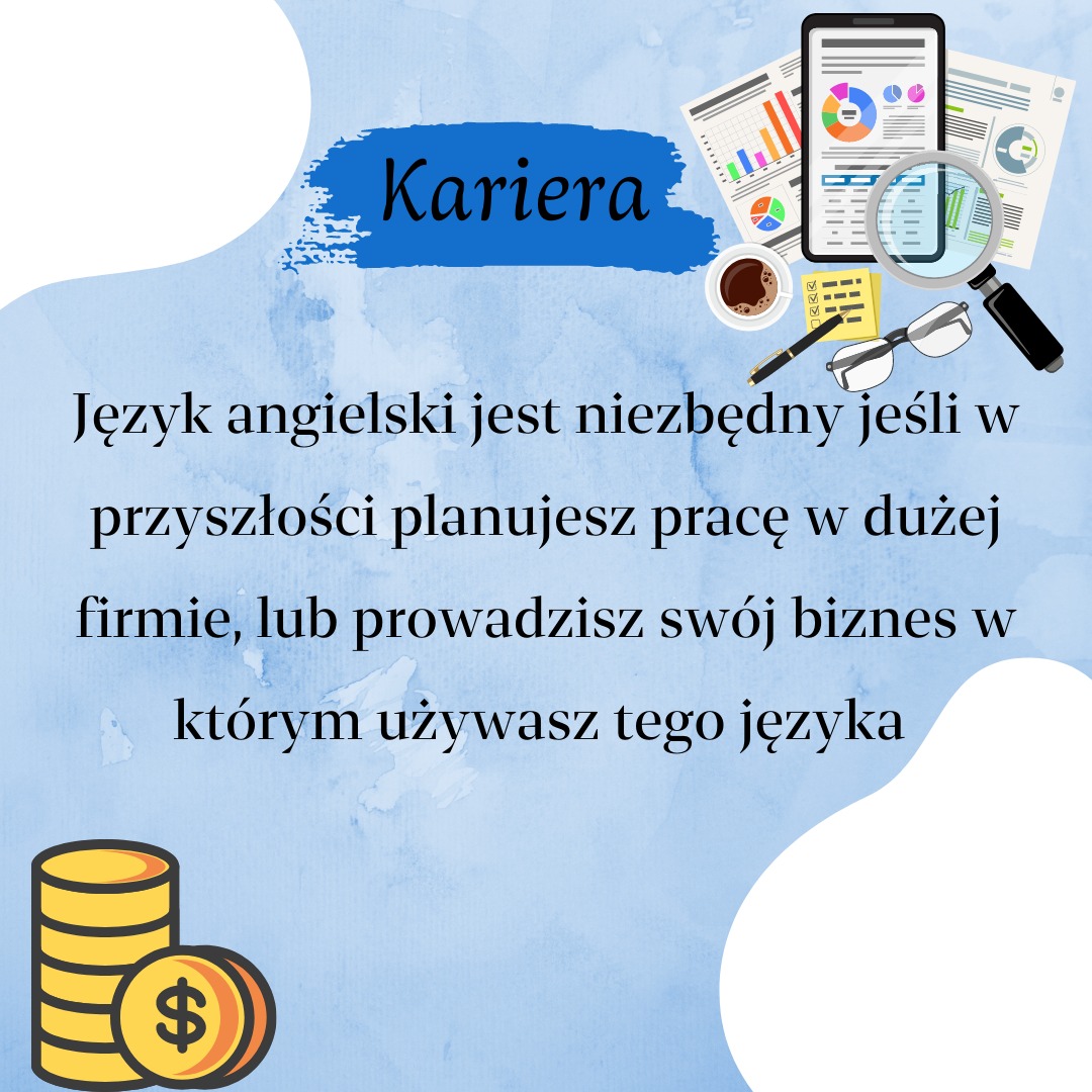 Grafika informacyjna: 'Kariera', tekst o konieczności znajomości języka angielskiego w biznesie, tablet z wykresami, lupa, okulary, notatnik, kawa, monety.